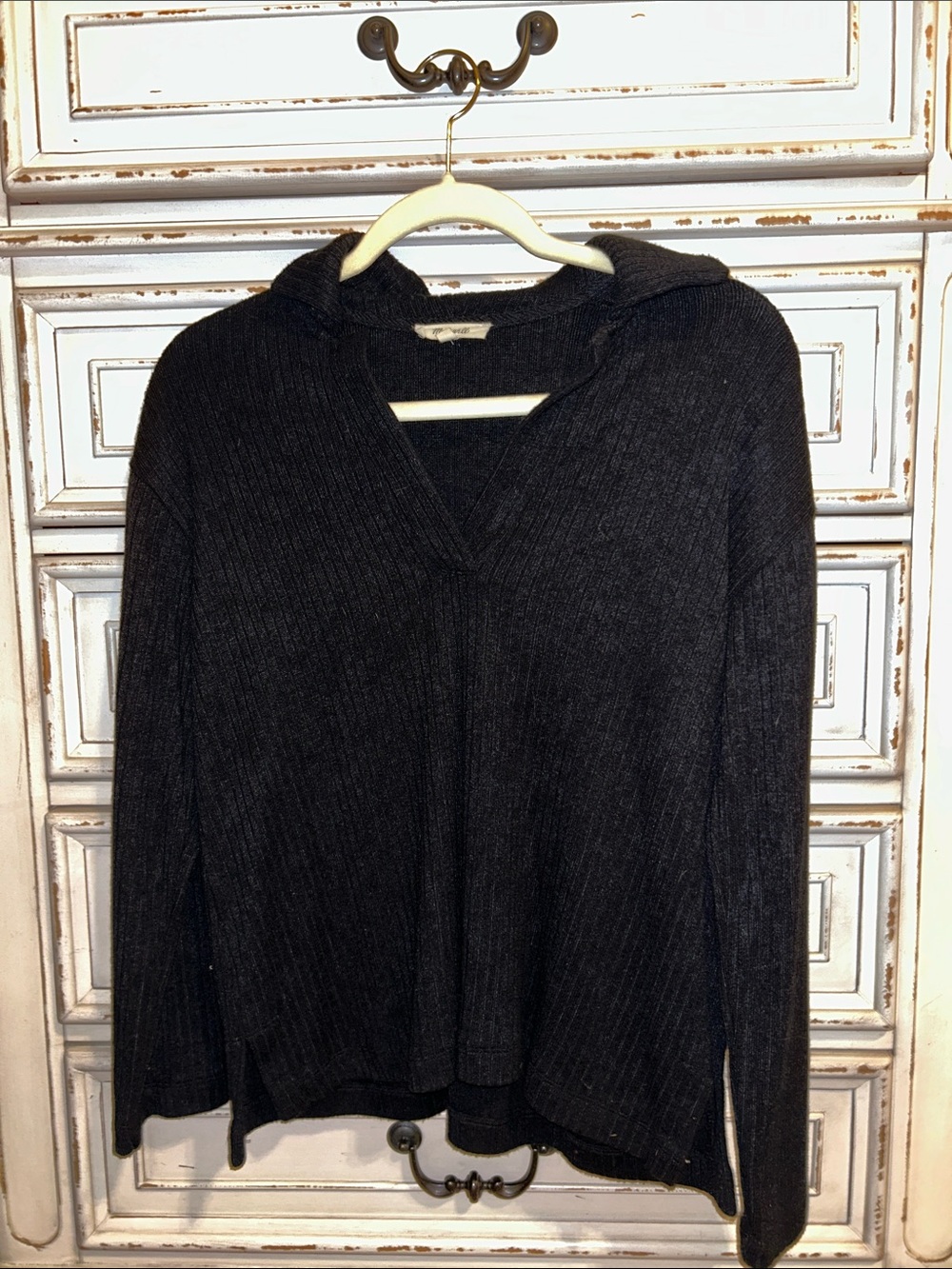 Madewell Black Ribbed V-Neck Hooded Sweater